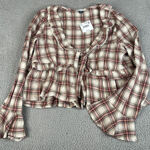 American Eagle Blouse Women Large Red Pink Plaid Peplum Tunic Waist Tie Bell Top